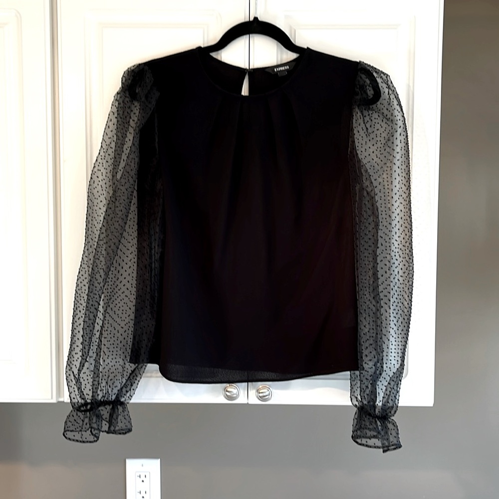 Express Black Top, Size S with Sheer Polka Dot Sleeves